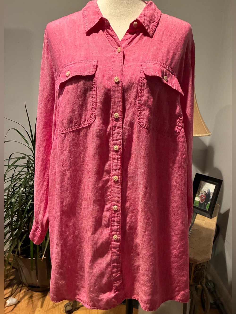 Lands End Pink Button-Up Linen Shirt Size 2X